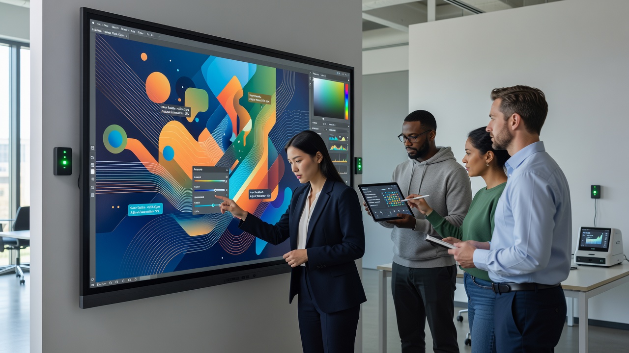 Illustration of multi-user workspace with color calibration overlays and device synchronization indicators